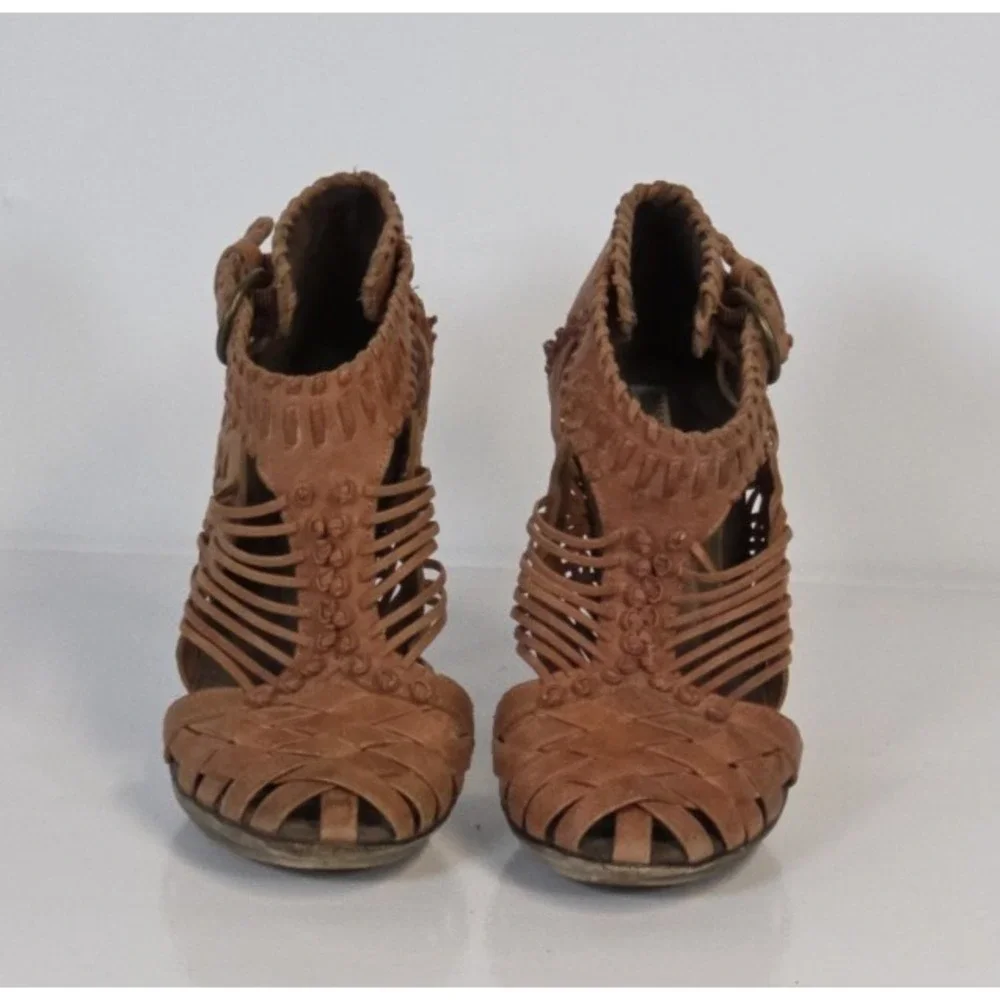 Allsaints‎ Co. Orange Leather Woven Heels Shoes Ankle Buckle 37 TAIN Distressed